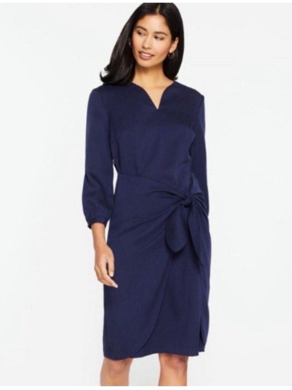 NWOT J. McLaughlin Navy V-Notch Tie-Waist Midi Dress Faux Wrap Shift / XSM